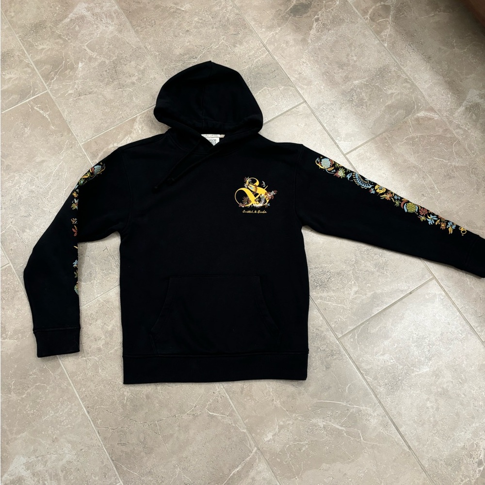 Scotch & Soda Black Hoodie with Gold and Multicolor Floral Design